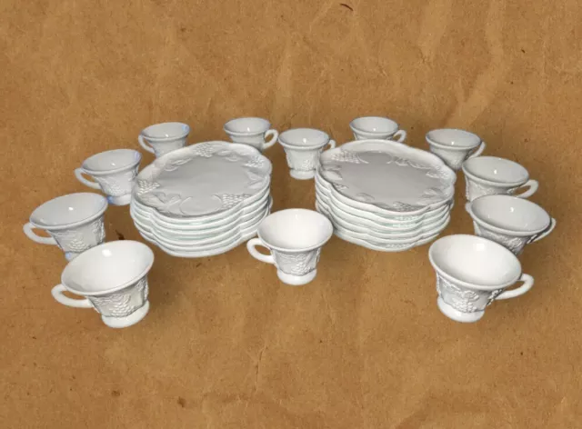 INDIANA COLONY Milk Glass White HARVEST GRAPE Snack Luncheon Cup Plate 24 Pc Set