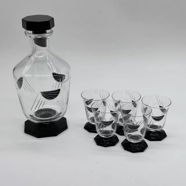 Art Deco Clear Glass Etched Black Art Deco Vintage Decanter & 5 Cordial Glasses