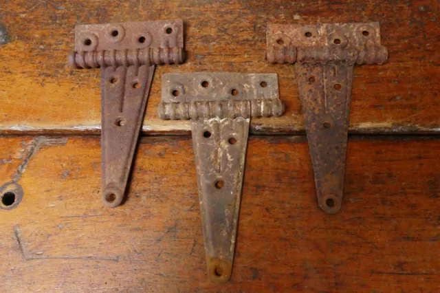 3) Antique Vintage Barn Door Shed Cabin Strap T Salvaged Hinges Rusty Patina 8”