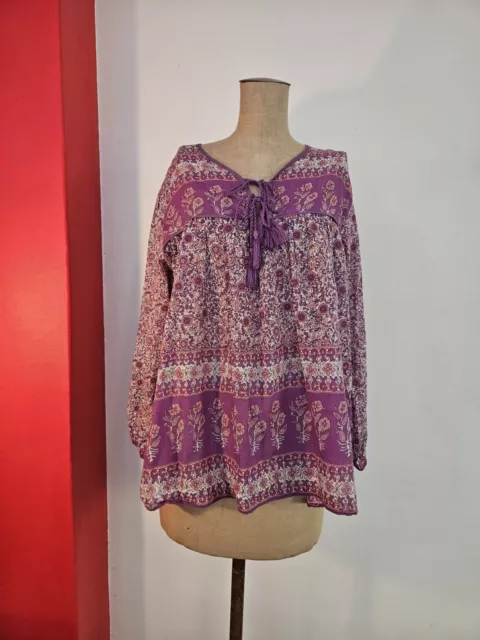 Chowchilla Vintage Cotton Hippie Blouse Top Shirt Purple White Size L