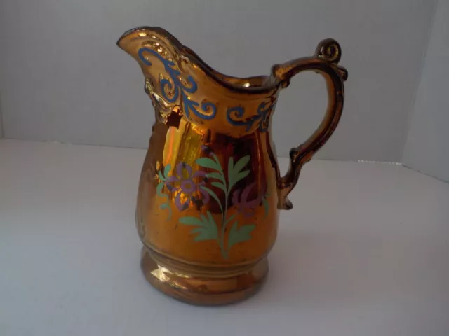 Antique 19th C Copper Lusterware 10 oz Pitcher 5.5” Hand Painted Flowers SIGNED