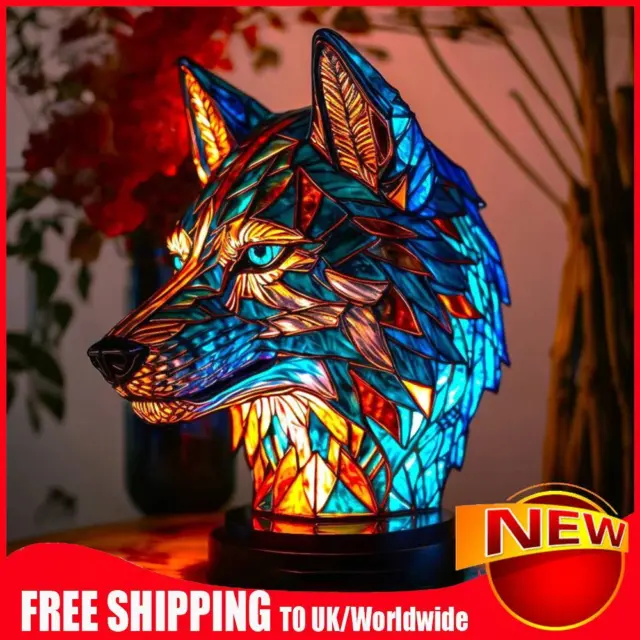 Retro Table Light Resin Stained Glass Bedside Light Home Ornament (Wolf)