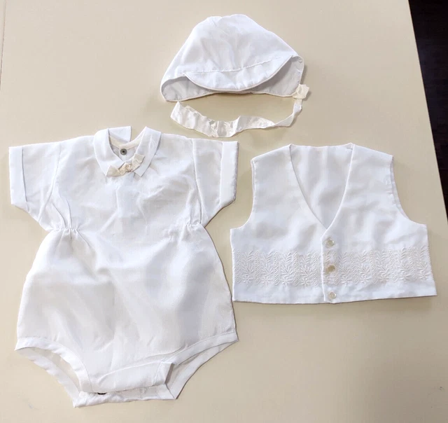 Vtg 1950's 3 Pc White Christening Tuxedo Boys Set ~Hat, Vest, 1-PC Short/Romper
