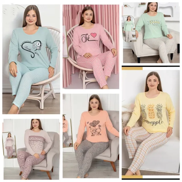 Damen Große Größen Pyjama Lang Schlafanzug 2-Teiler Set L-38