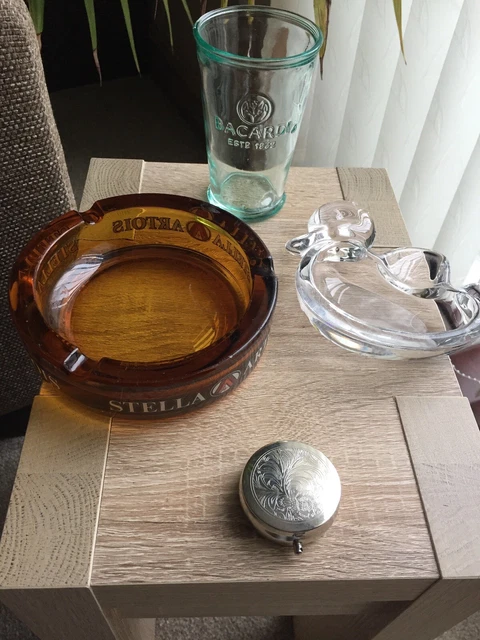 Job Lot Vintage/Retro Ash Trays, Faux Silver Pocket Ash Tray & Bacardi Tumbler