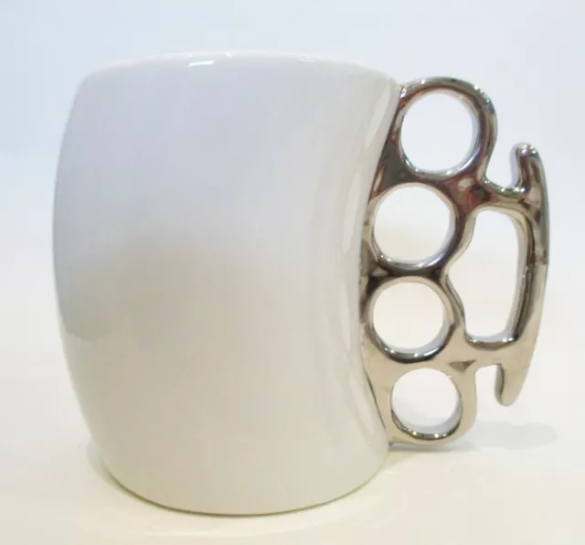 Knockout Brass Knuckles Mug 2009 White Silver Handle Fisticup 12 Oz Fred