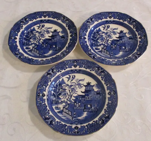 3 X 1930's Burleigh Ware Willow Pattern Scalloped Edge Tea / Side Plates 17.5cm