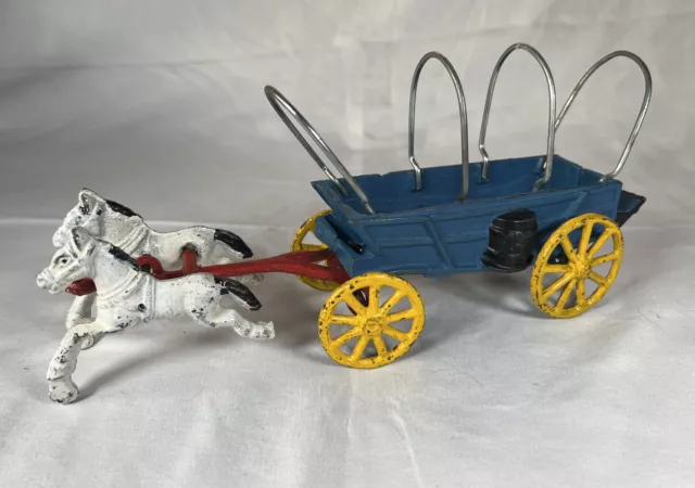 Antique Vtg. Cast Iron Horse Drawn Wagon Carriage Toy Colorful