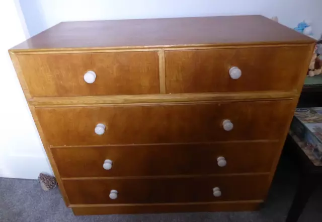 Vintage mid century Meredew 2 over 3 drawer light oak chest of drawers, veneer