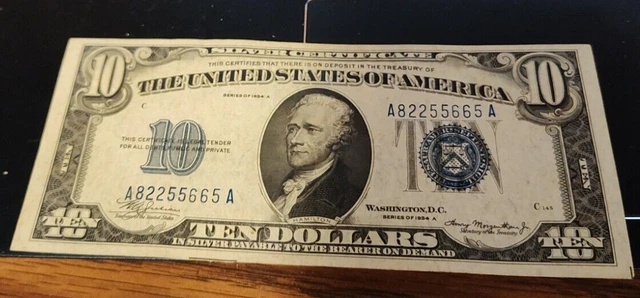 1934 A $10 Ten Dollar Silver Certificate Blue Seal Note A82255665A