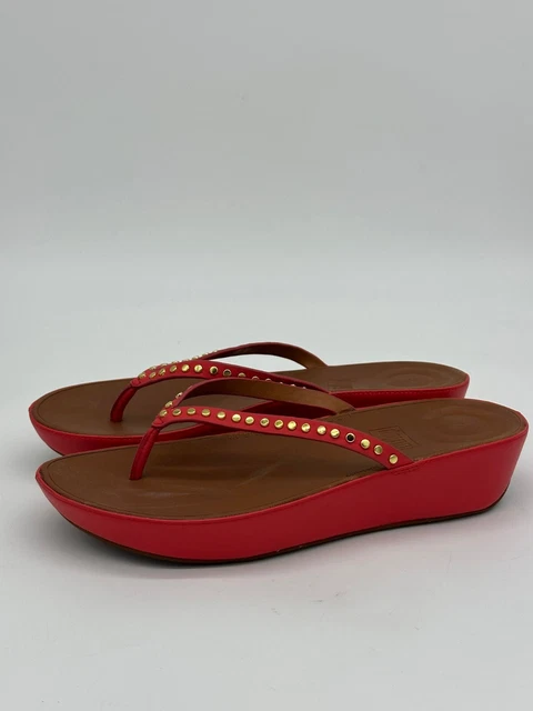 FitFlop Sandals Womens 9 Red Linny Leather Rhinestone Flip Flops Platform Wedge
