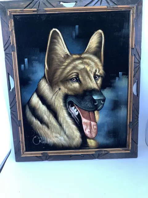 German Shepherd Dog Vintage Painting on Velvet w Carved Wood Frame  23" x 19"