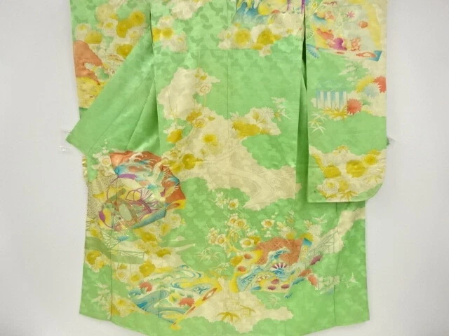 03252# Japanese Kimono / Antique Furisode / Embroidery / Crane & Floral Plan