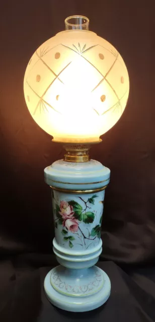 Antique Oil lamp European Hand Painted Milk Glass