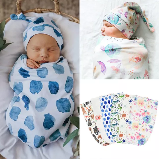 2PCS Baby Wrap Hat Set Sleeping Bag Swaddle Newborn Blanket Cotton Soft Infant