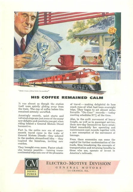 GM Electro-Motive Division RR His Coffee Remained Calm 1940s Magazine Ad