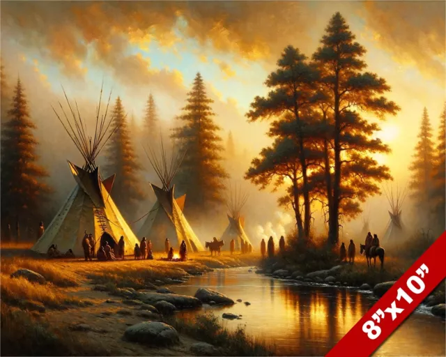 Native American Indian Tribe Camp At Sunset  Painting Real Canvas Art Print