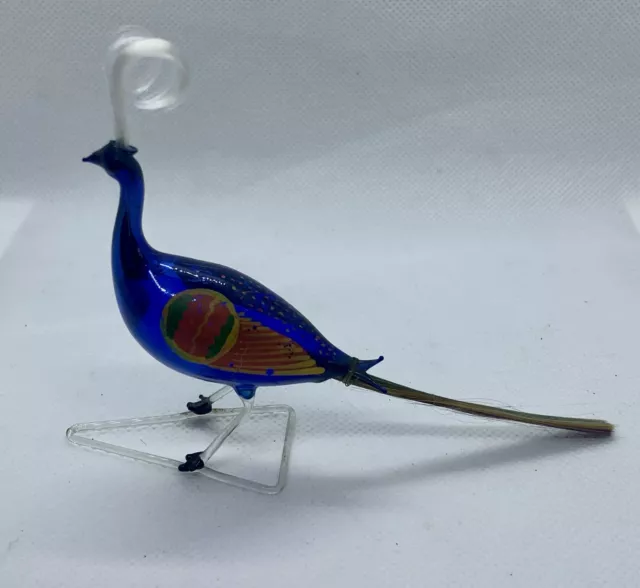 Vintage Blown Glass Blue Peacock Bird Figurine Hand Painted