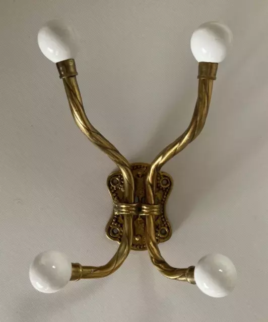 Vtg? Brass Wall Mount Coat Towel Double Hook/Hanger w/ White Ceramic Balls