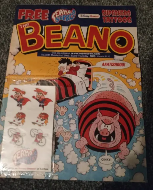 Beano No. 3111,  March 2nd, 2002 with free gift Teamo Supremo Superhero Tattoos