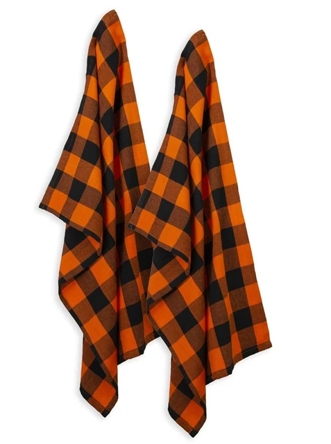 Juego de 2 toallas de cocina de Halloween negro naranja búfalo a cheque otoño