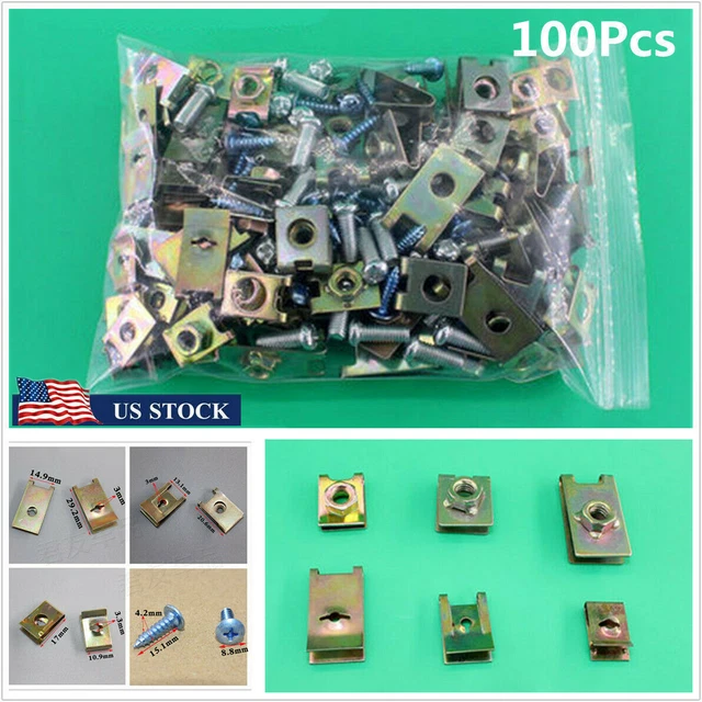 100 Pcs Mixed Metal U Nuts Car Body Door Panel Fender Fastener Screws Clips Kit
