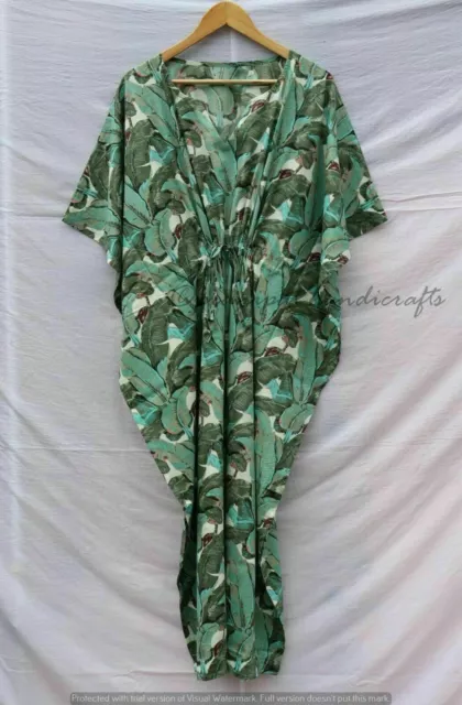 Indian Green Long Leaf Print Cotton Hippie Maxi Women Nightwear Caftan Dress