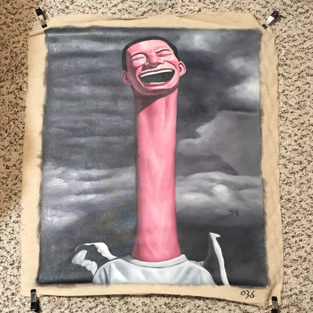 Laughing Pink Man With Long Neck Portrait Painting 20x24” Surrealist