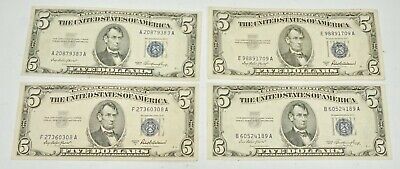 Lot of 4 1953 A-F US $5 Dollar Silver Certificate Paper Currency XF Grade Notes