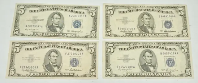 Lot of 4 1953 A-F US $5 Dollar Silver Certificate Paper Currency XF Grade Notes