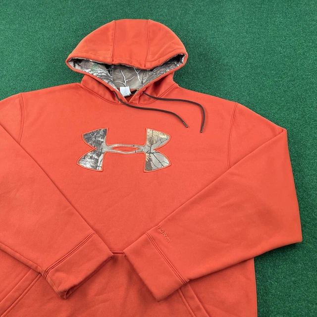 Under Armour Hoodie Mens L Orange Sweatshirt Camo Logo Deer Duck Hunting Sweater