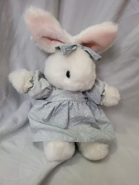 VTG 1985 APPLAUSE White Bunny Rabbit Stuffed Plush Blue Floral Dress & Ribbon