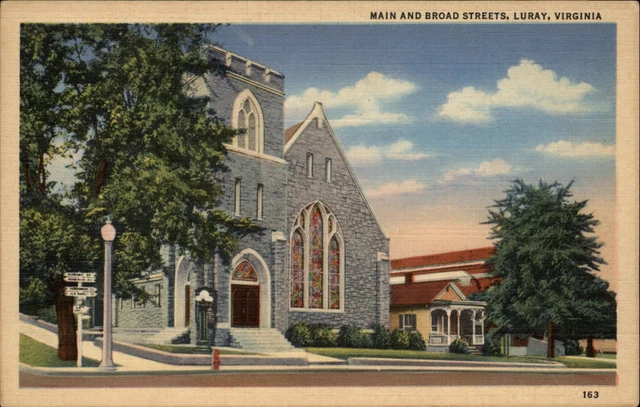 Main & Broad Streets ~ Luray Methodist Church & Page Valley Bank  Virginia 1940s