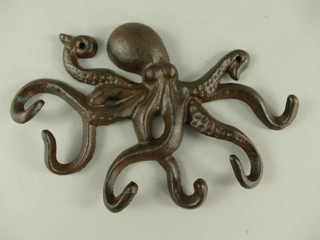 9977724-d Figura de Fundición de Hierro Gancho Pulpo Pulpo Marrón Rústico D24cm