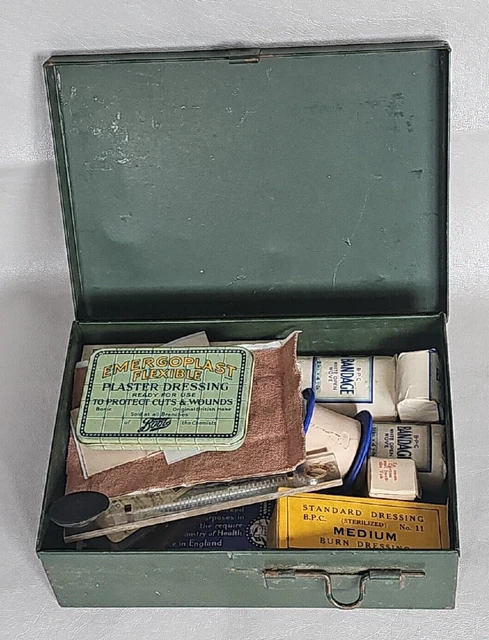 Vintage Green Metal First Aid Tin & Contents Factory Industrial Locks c1960s