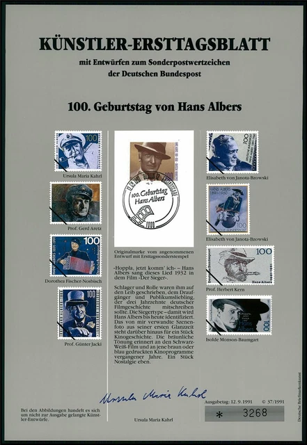 Brd Künstler-Etb 1991/37 1561 Hans Albers Schauspieler Entwürfe!!
