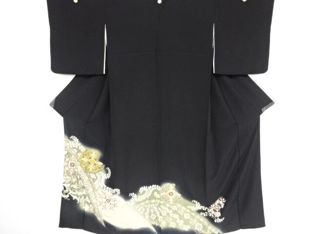 40614# Japanese Kimono / Antique Tomesode / Embroidery / Floral Crest Sarasa