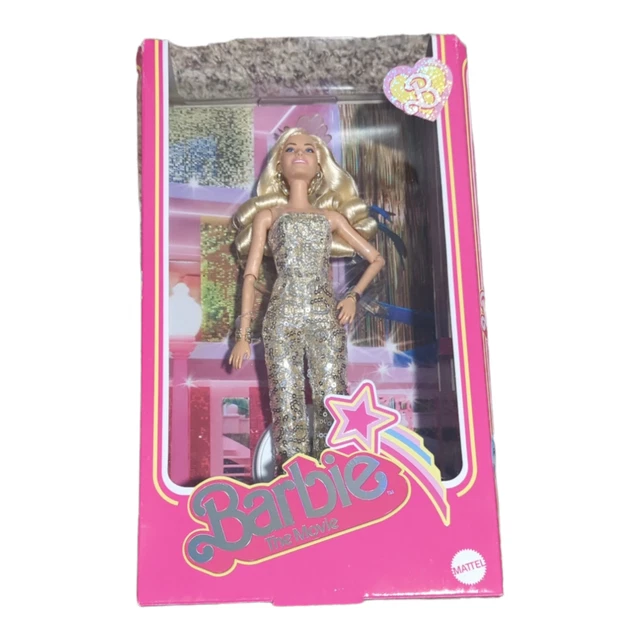BARBIE THE MOVIE 2023 Margot Robbie in Gold Disco Jumpsuit In Hand