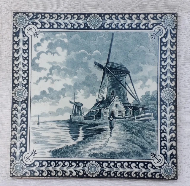 Grand dessous de plat ancien faïence bleue moulin paysage hollandais 28cmx28cm - Décoration