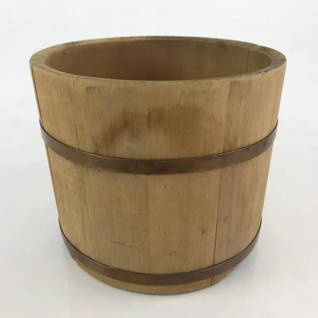 Japanese Handmade Wooden Oke Bucket Vtg Water Rice Storage Brown Copper BK18