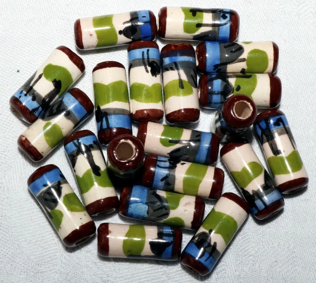 18 Keramik Perlen 16 mm,Walze Zylinder braun-blau Inka Schmuck Perle Peru Lama