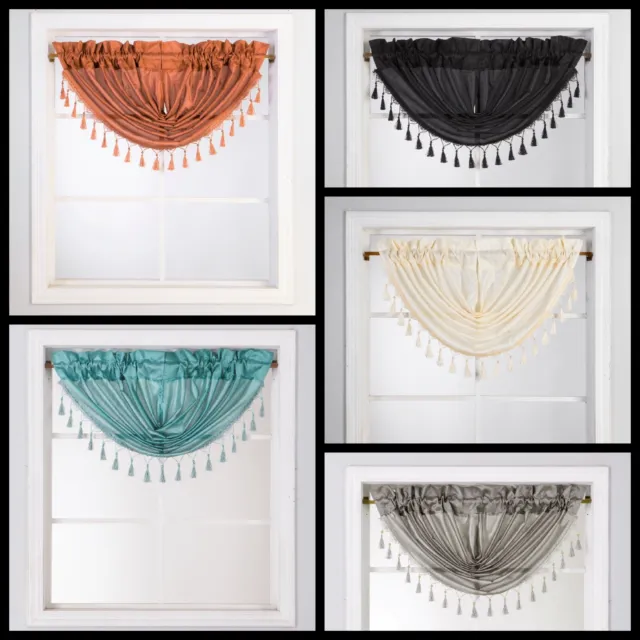 Swag Rod Pocket Window Curtain Valance Waterfall with Pearls on Tassels Kitchen