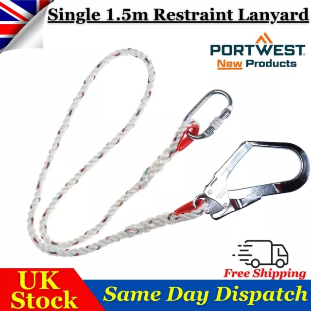 Portwest Single 1.5m Restraint Lanyard Safety Herness rope with a scaffold hook