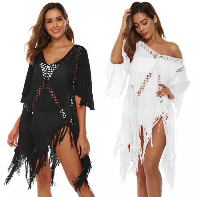 New Womens Irregular Hand Hook Spliced Tassel Deep V Sexy Hollow Beach Dress