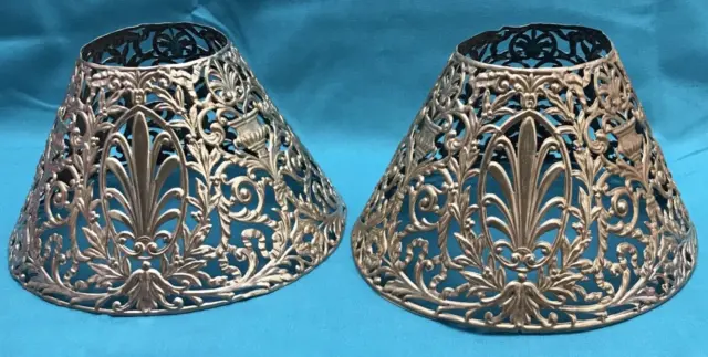 Set of 2  Ornate Filigree Antique Gorham Co Silverplated Lamp Shades #015