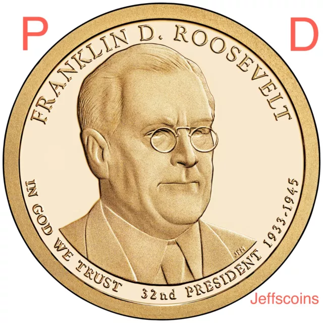 2014 P&D Franklin Roosevelt Presidential Golden Dollar FDR MINT Roll $2 Coin Set