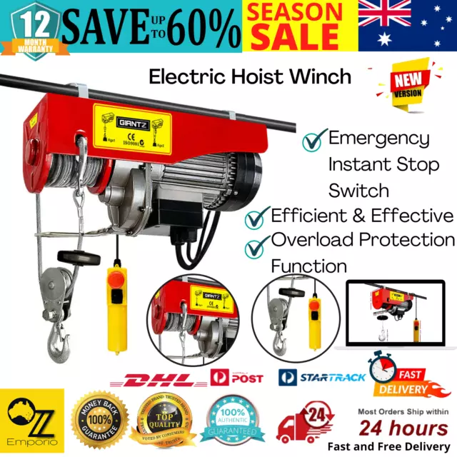 Electric Hoist Winch 800kg Gantry Crane Garage Ceiling Wire Rope Lift Overhead