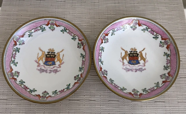 ANTIQUE CHINESE EXPORT Armorial Plates Famille Rose Brass Mount 7.5 ...