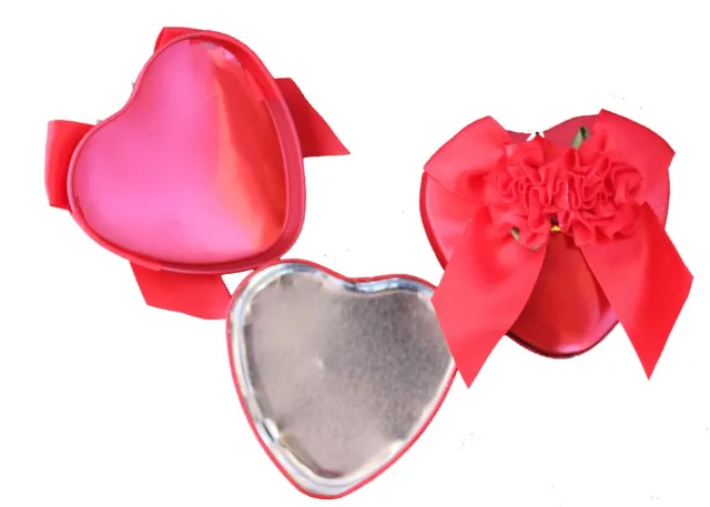 Valentine's Day Red Set of 3, Heart Shaped Tin Box with Red Fabric Ribbon on Top