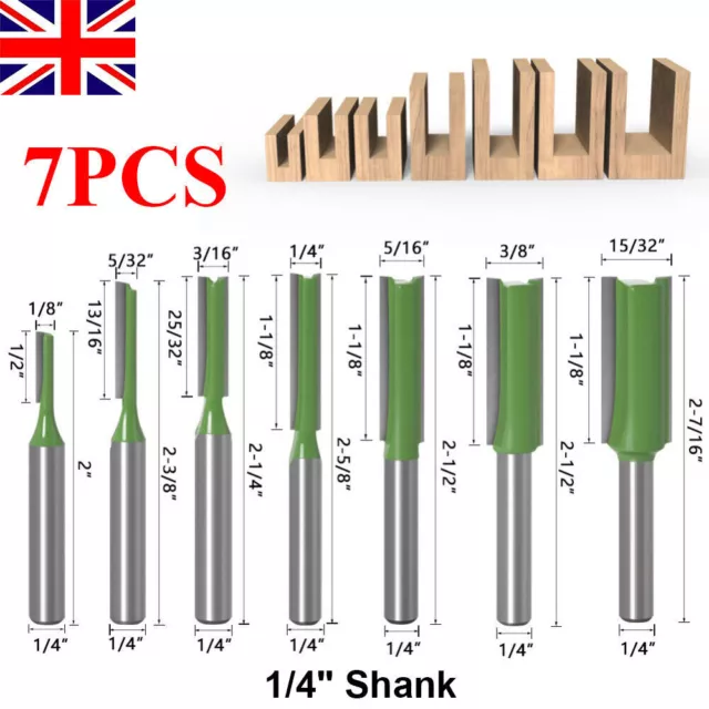 7Pcs 1/4" Shank Single Double Flute Straight Router Bit Tool Set For Woodworking